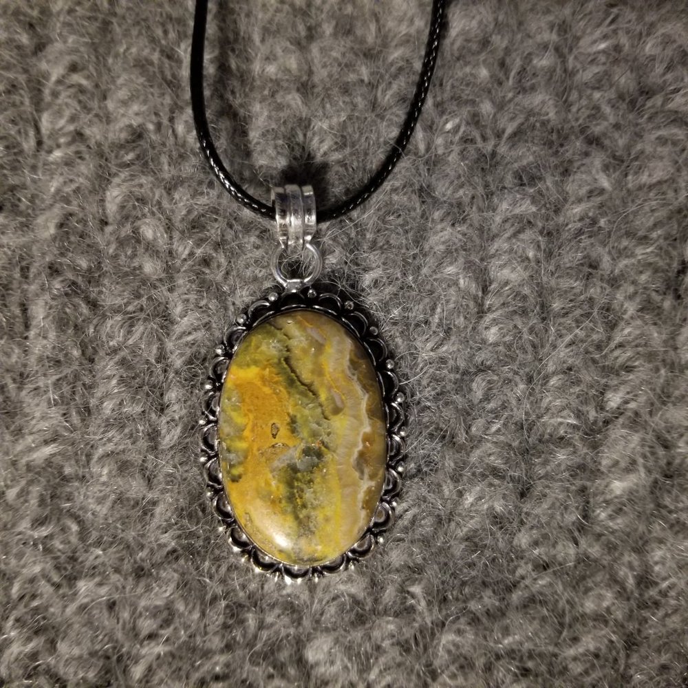 Bumble bee jasper gemstone pendant, 925 silver plate, artisan made, unisex, new